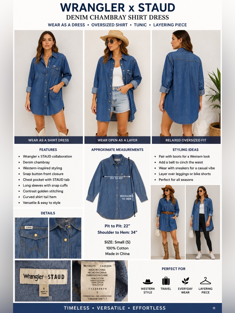 Wrangler x STAUD Denim Chambray Shirt Dress Size S Oversized Western Snap Blue
